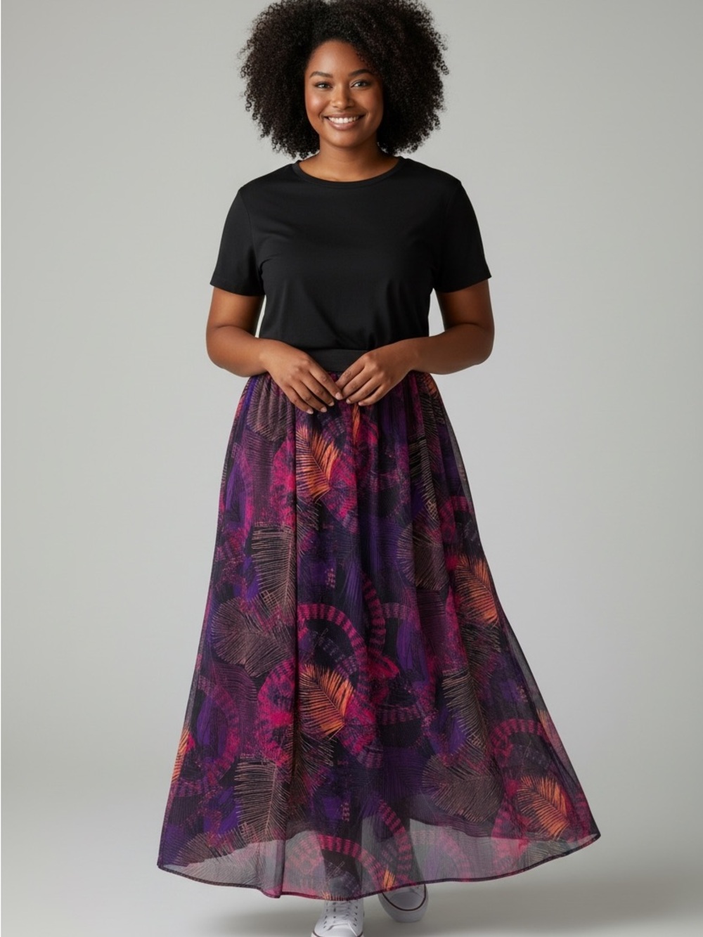 Additionelle  Maxi Printed Skirt in Purple Multi, Sheer with Lining